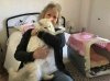 Sheila with Stormie (Angel under the bed!) in the hotel room in Badajoz, on their way from Plymouth to their new home in Huelva, S.Spain.